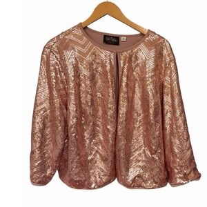 Bob Mackie Wearable Art Rose Gold Chevron Sequin Babydoll Cardigan 2X 3/4 Sleeve